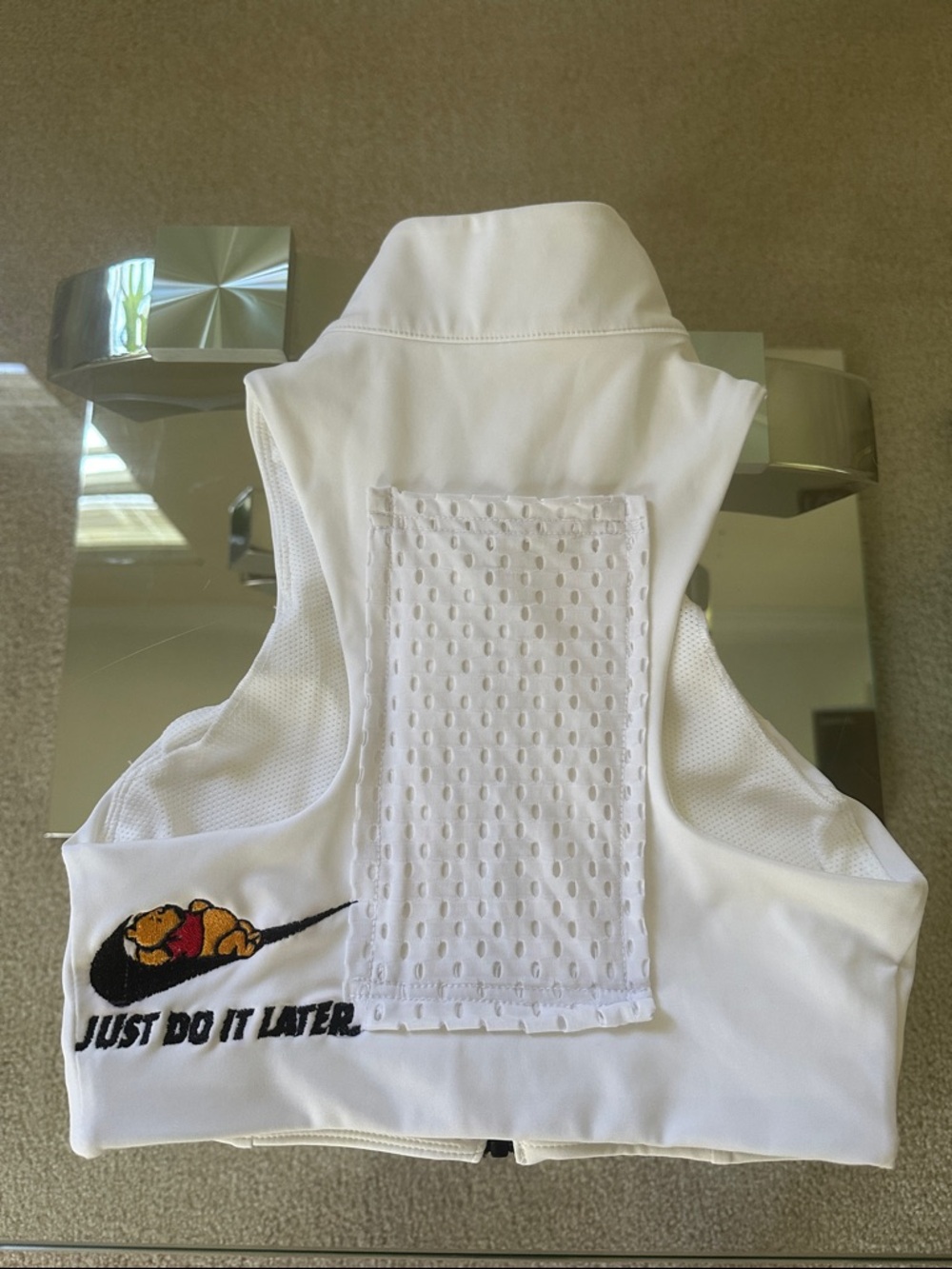 White Sports Bra with Embroidered Slogan: Just do it later with Winnie the Pooh